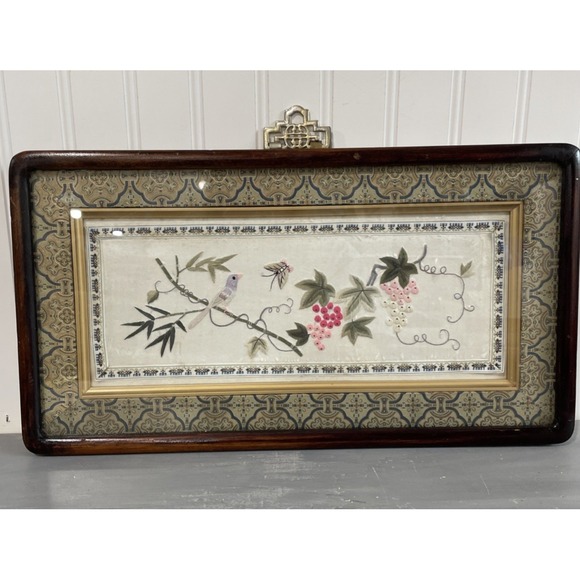 Vintage Asian Bird Flower Silk Embroidery Framed Textile Art‎ Wall Decor 17x9 In